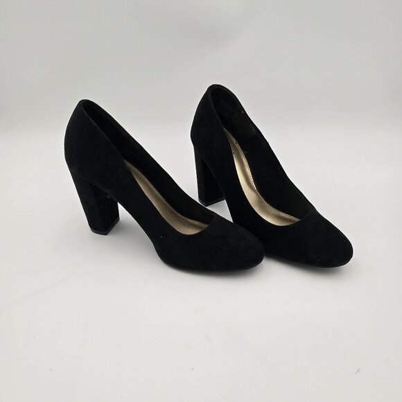 Fioni Womens Black Suede Heels Size 5.5 Block Heel Round Toe Pre-Owned Shoes - Picture 1 of 7